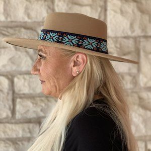 NWT Jen & Co Mirta Aztec Trim Wide Brim Fedora Hat In Tan